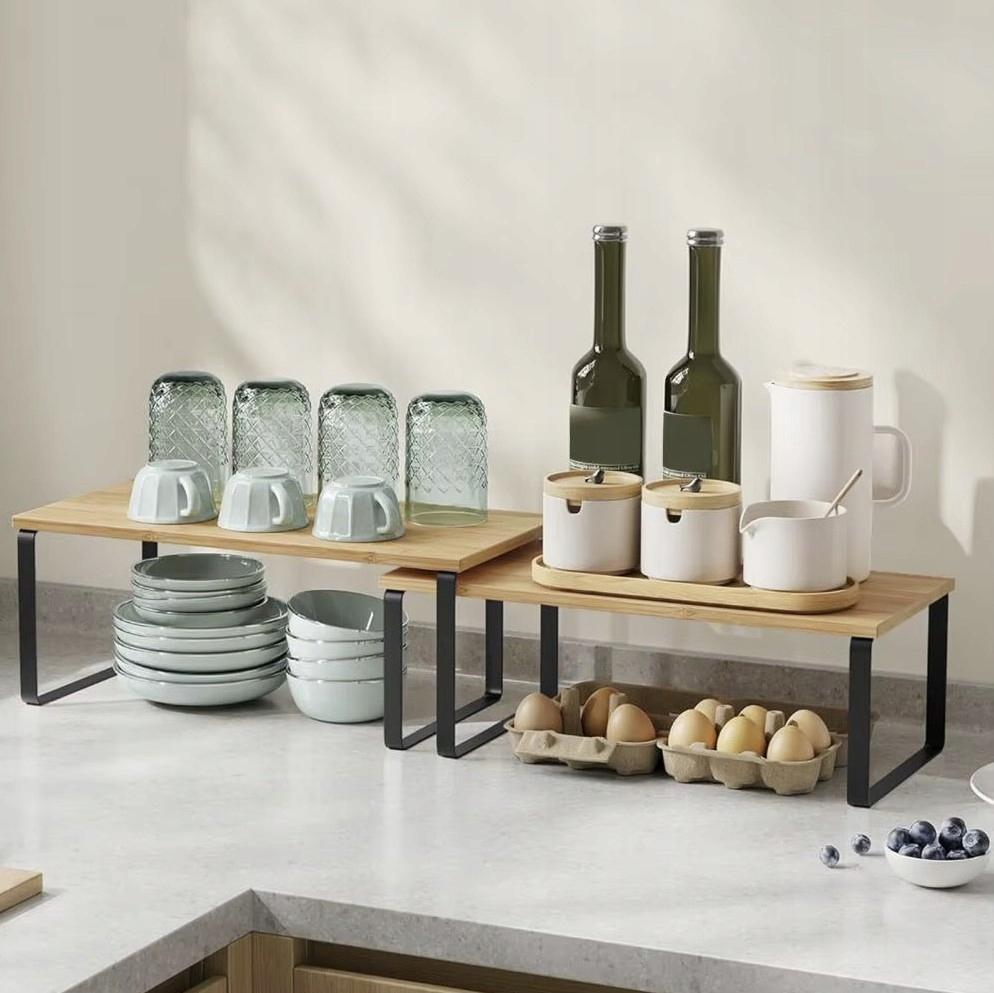 Bamboo Kitchen Shelf for Countertop Spice Organizer Standing Rack 2 Pcs