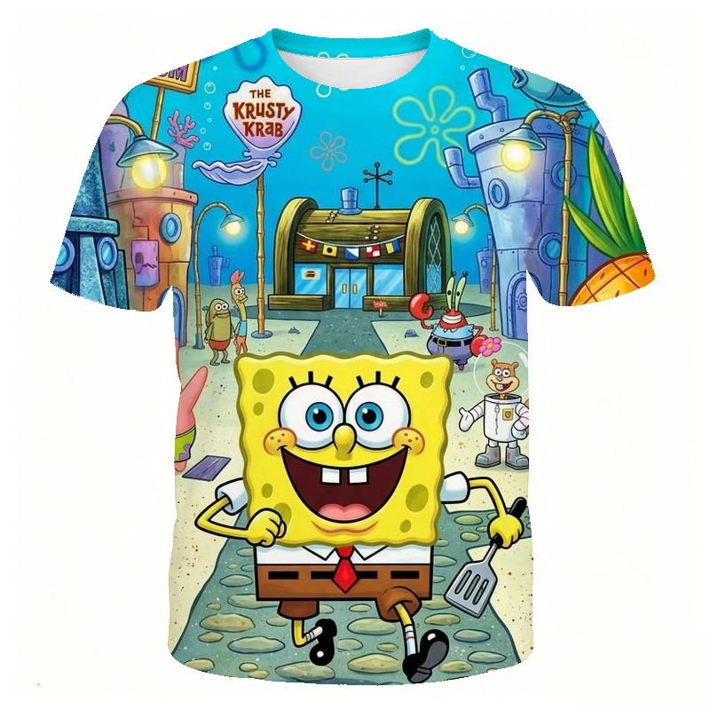SpongeBob SpongeBob SpongeBob Cartoon Children Short-Sleeved T-Shirt 3-13 Years Old Boys Girls Pie Big Star Crab Boss Sandy Breathable Half-Sleeved Mi