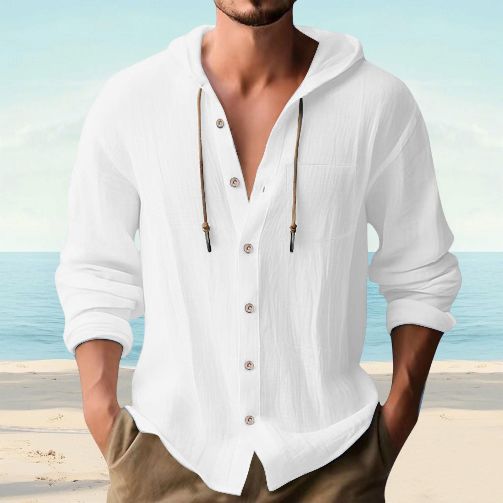 

Мужская хлопково-льняная повседневная дышащая рубашка с капюшоном и длинными рукавами и карманом на пуговице XXXL белый