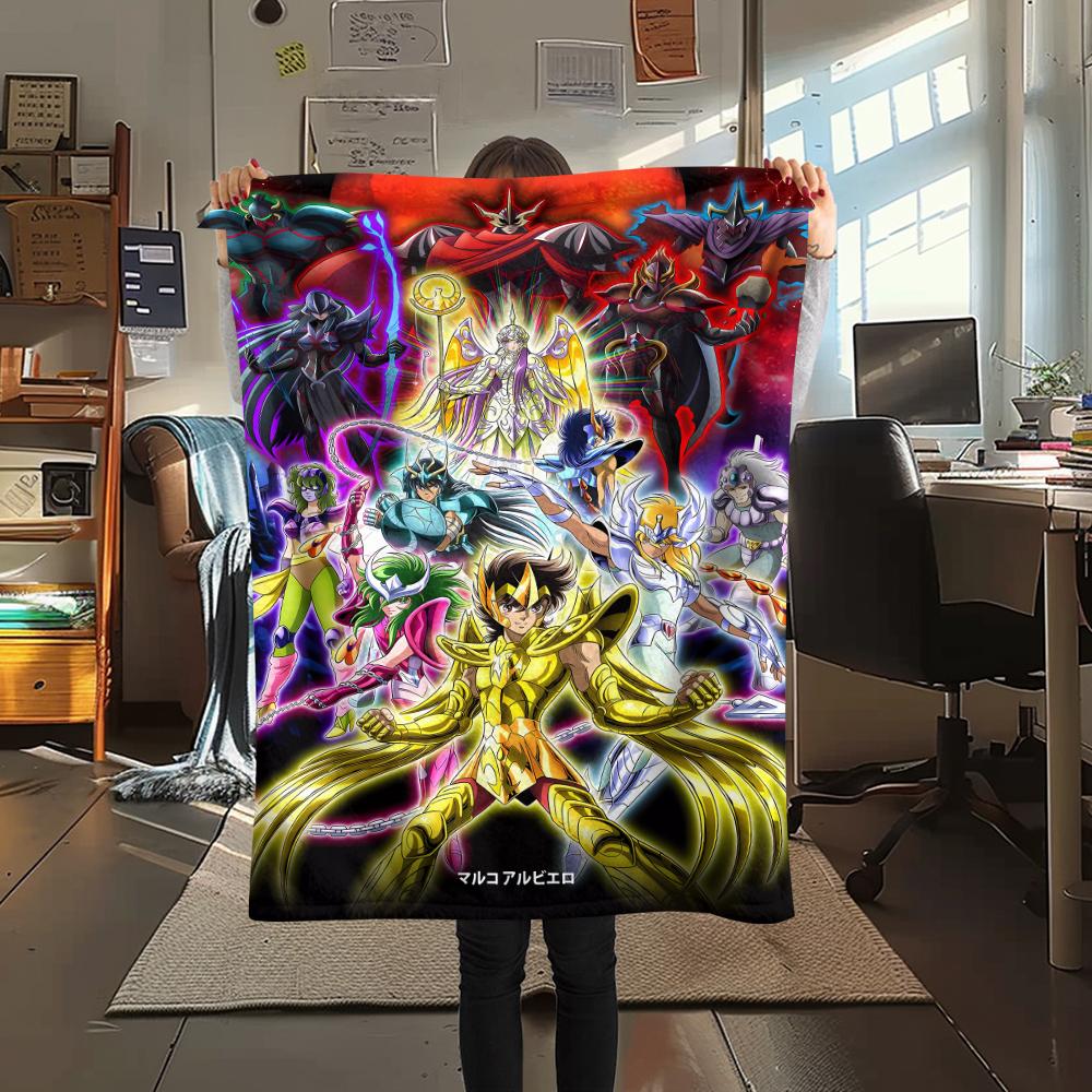 1Pc Saint Seiya Print Flannel Blanket, High quality Comfortable for All Seasons, Home Decor, Warmth and Comfort, Perfect for Christmas Gifts
