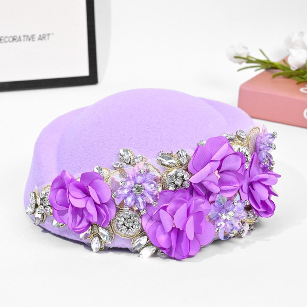 Rhinestones Turban Hat Retro Beret Caps Fashion Church Hat  For Party Evening Purple