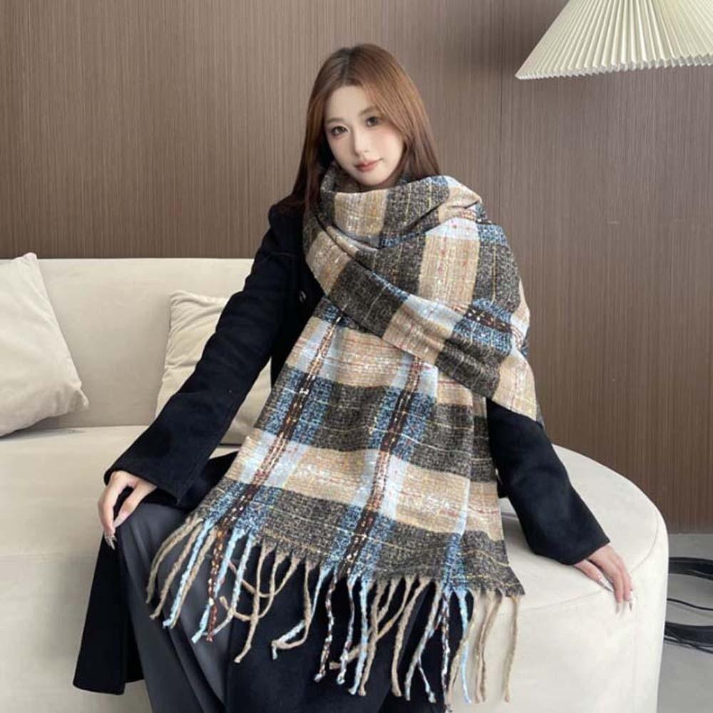 Soft Long Tassel Neckscarf Cold-proof Women Thickened Scarf Shawl Plaid Knitted Scarf  New Year