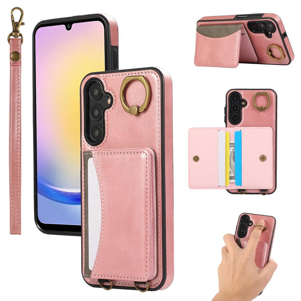 For Samsung Galaxy A24 4G (162.1x77.6x8.3mm) PU Leather Back Case Card Holder Kickstand Phone Cover with Wrist Strap