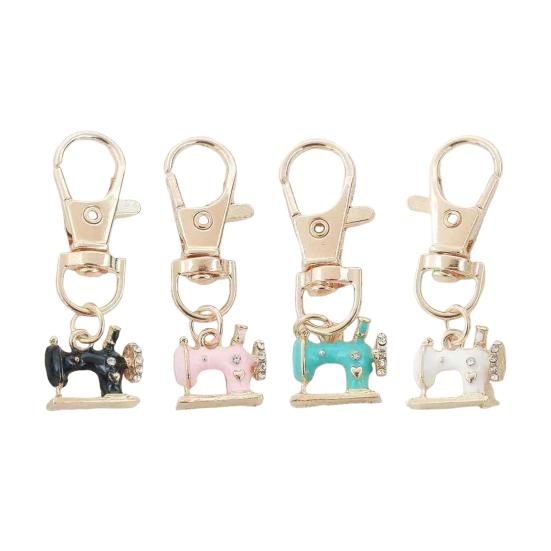 4 Peças Chaveiro Máquina de Costura Metal Artesanal Embutido Strass Brilhante Resistente à Ferrugem Acessório para Mochilas