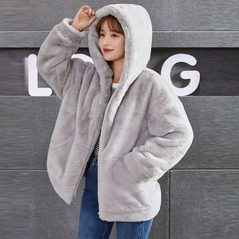Winter new men's and women's couples fur coat women's imitation Rex rabbit hair hooded loose medium and long plush coat