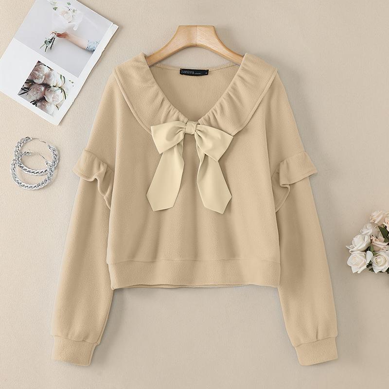 

ZANZEA Женская корейская повседневная блузка с V-образным вырезом и бантом, свободного кроя, с длинным рукавом XL бежевый