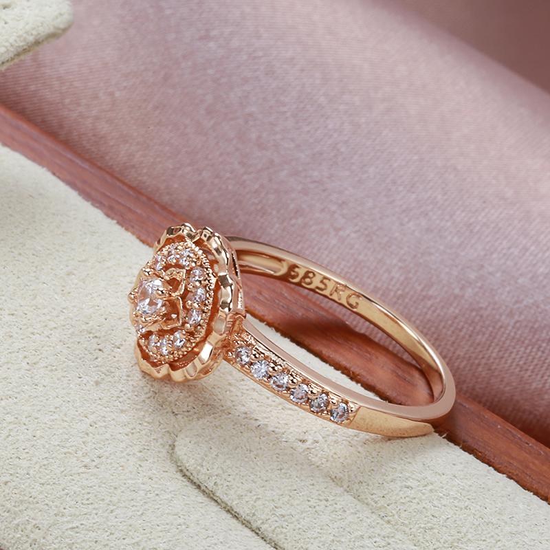 Kinel Heiß 585 Roségold Ringe Mode Rose Blume Natürlicher Zirkon Ring für Frauen Kristall Geschenk Täglich Feiner Vintage Hochzeits Schmuck