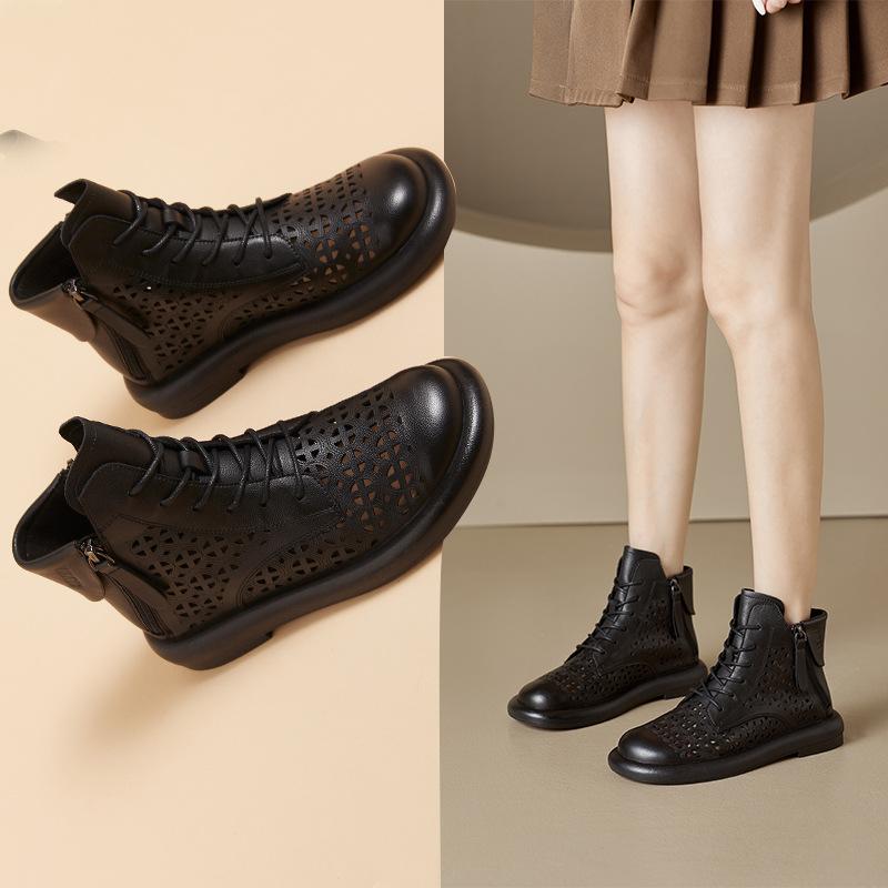 Hollow Martin boots leather short boots fashion retro style women's boots side zipper low tube women's shoes