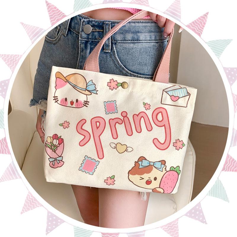 Canvas Tote Bag Cute Storage Bag Large Capacity Mini Handbags Portable Cartoon Print Lunch Bag