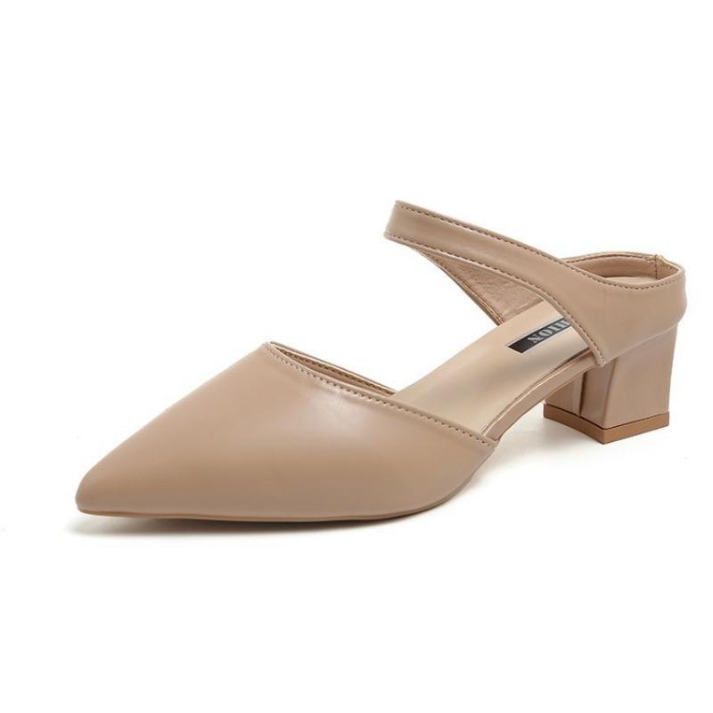 Wearing Cool Slippers Outside, Women's Summer New Baotou Half Slippers, Medium Heel Pointed Thick Heel Sandals