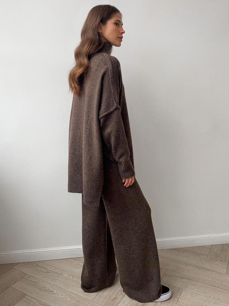 Women's Autumn/Winter High-Neck Sweater and Knit Pants Set - European/American Style, Loose Fit, Thick, Casual
