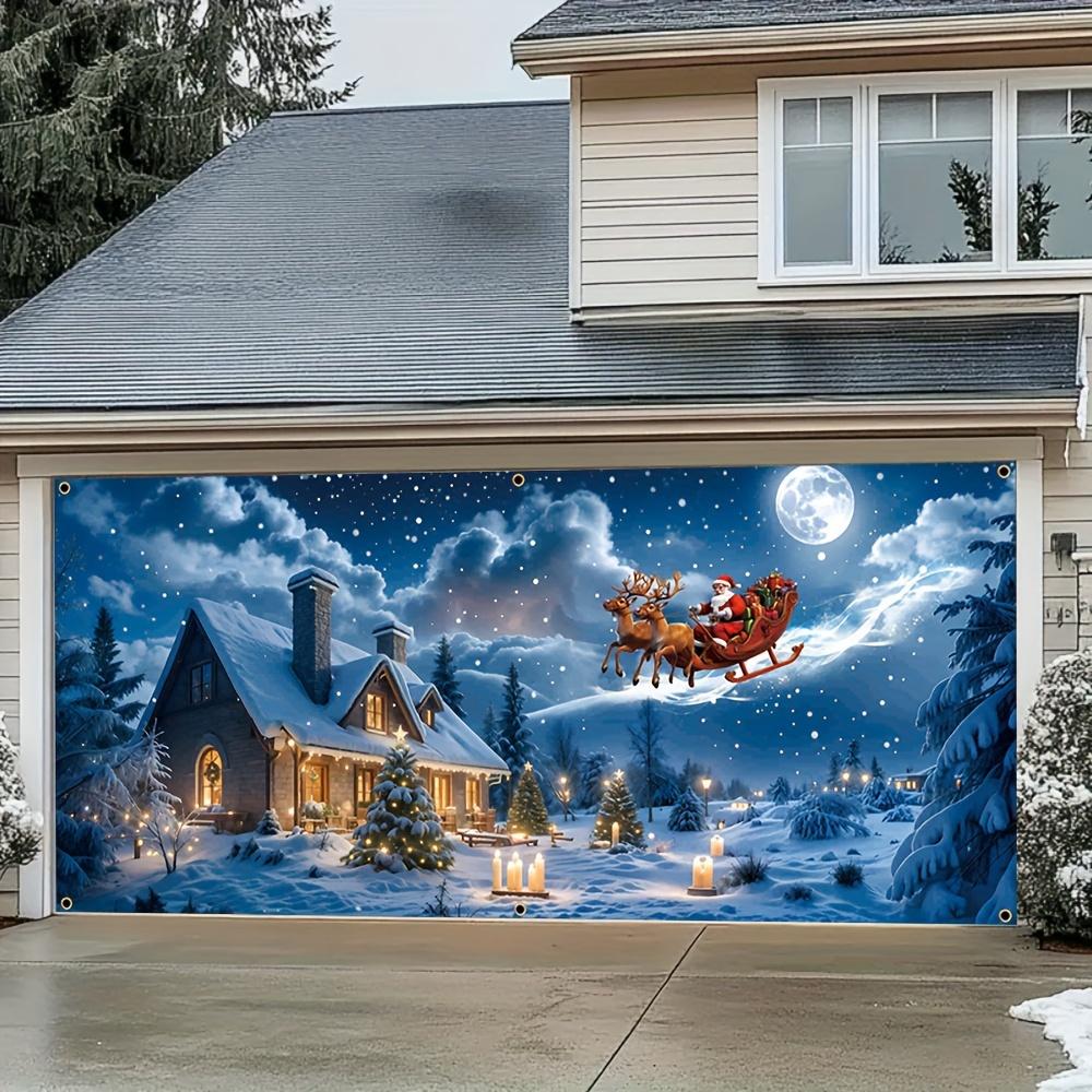 A polyester banner for a Christmas garage door featuring Santa Claus giving gifts in the night sky suitable for Christmas 130x150cm