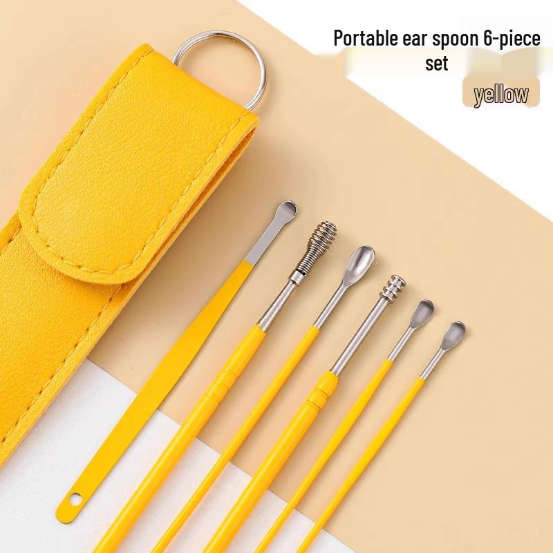 Six-Piece Luminous Ear Cleaning Tool Set with Leather Case, Yellow