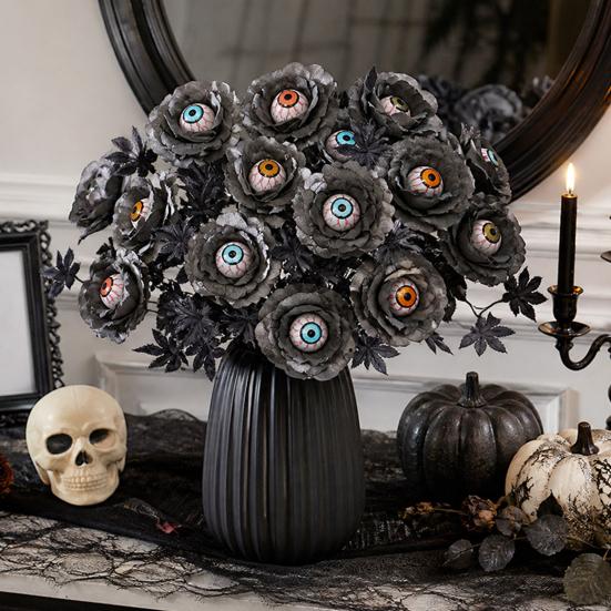 Spooky Branch Decoration Halloween Eyeball Flower Stem, Artificial Rose Floral Pick with Eyeball, Party Decorations Gothic Black Branches for