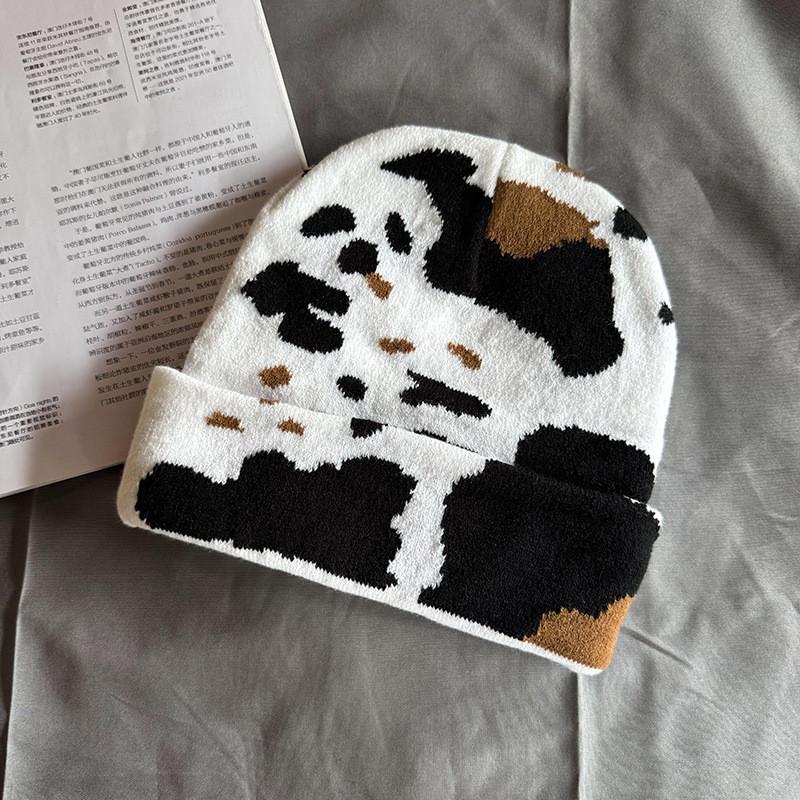 Cow Pattern Knit Cap For Winter Fashion Unisex Cozy Autumn Headwear