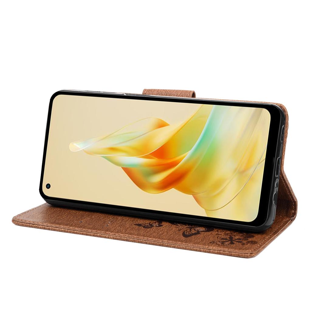 For Oppo Reno8 T 4G Lærstativ Telefondeksel Sommerfugler Blomsterpreging Telefon Lommeboketui