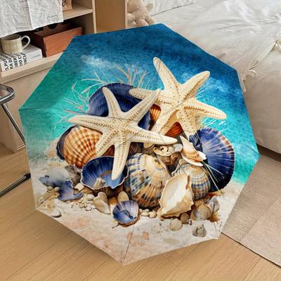 1PC Seashells Starfish Pattern Small Travel Compact Windproof Umbrella, Automatic Folding Umbrella, Automatic Open/Close ,Gift-131