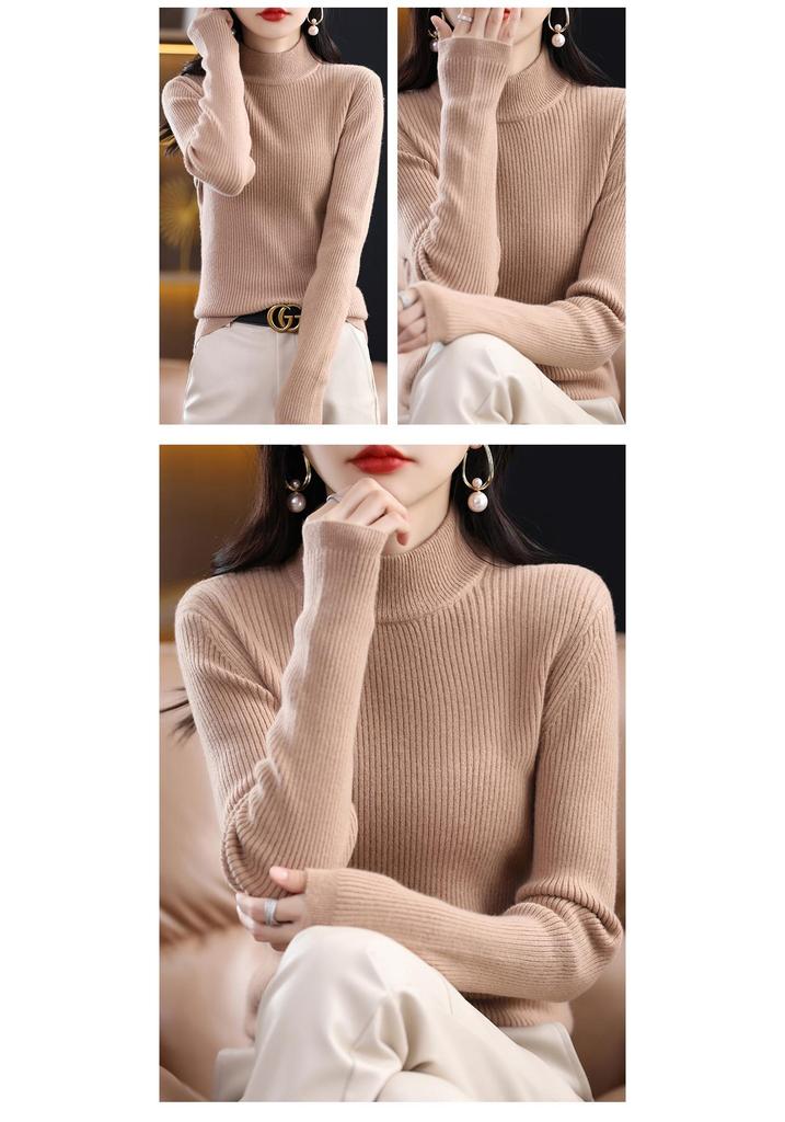 Women's Slim-Fit High-Neck Wool Base Layer Sweater - Slimming Long-Sleeved Knitwear for Autumn/Winter