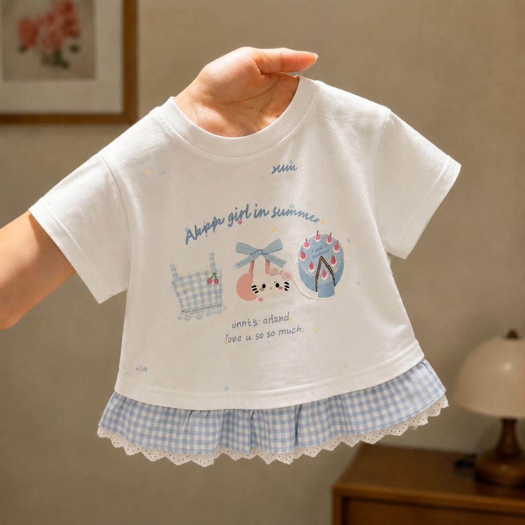 Girls Summer Short Sleeve T Shirt Cute Cartoon Plaid Ruffled Top