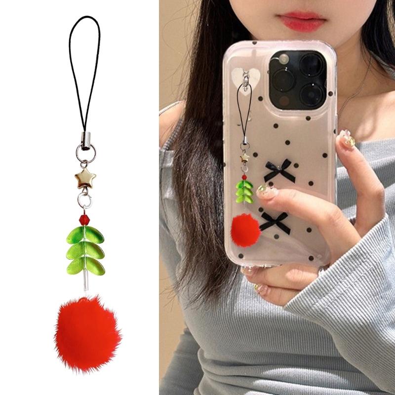 Christmas Tree Phone Lanyard with Acrylic Leaves Designs Bead Decorations Phone Hanging Pendant for Holiday Decors