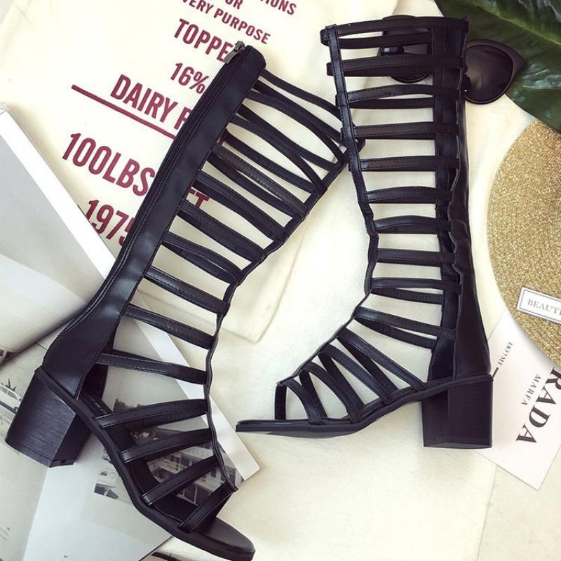 Modne Hollow Out Długie Buty Damskie 2024 Lato Nowe Rzymskie Sandały Casual Wysokie Lufowe Seksowne Wygodne Oddychające Damskie Buty