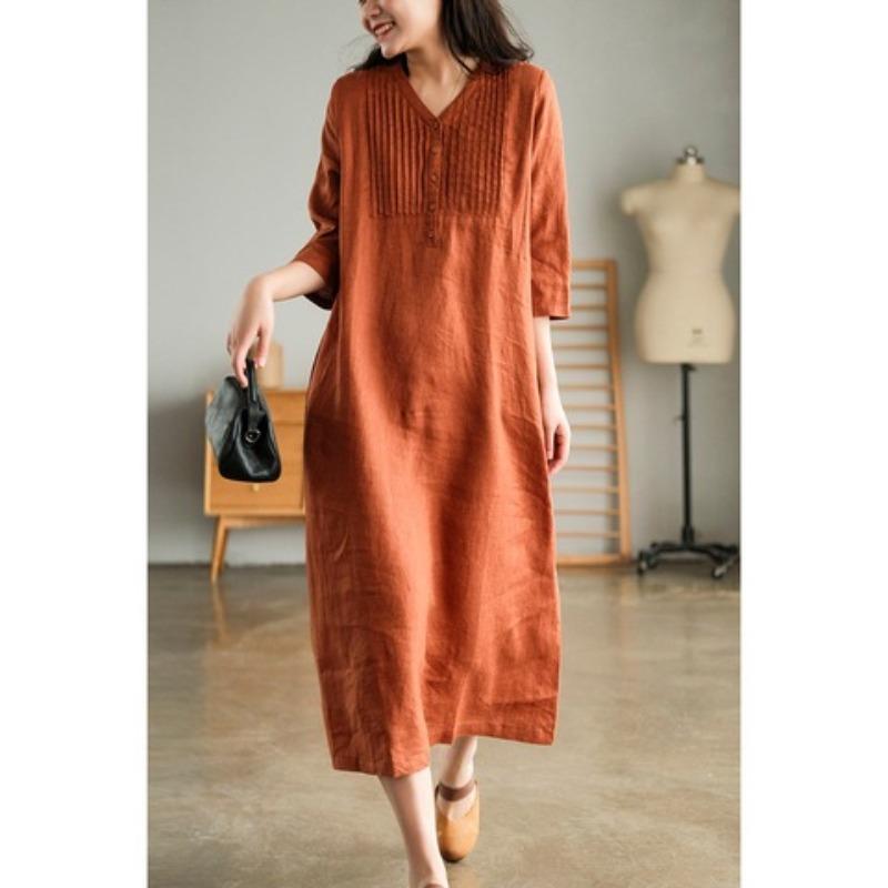 Spring and summer linen five-quarter-sleeved foreign-style age-reducing fashion dress women's casual V-neck thin knee-length dress