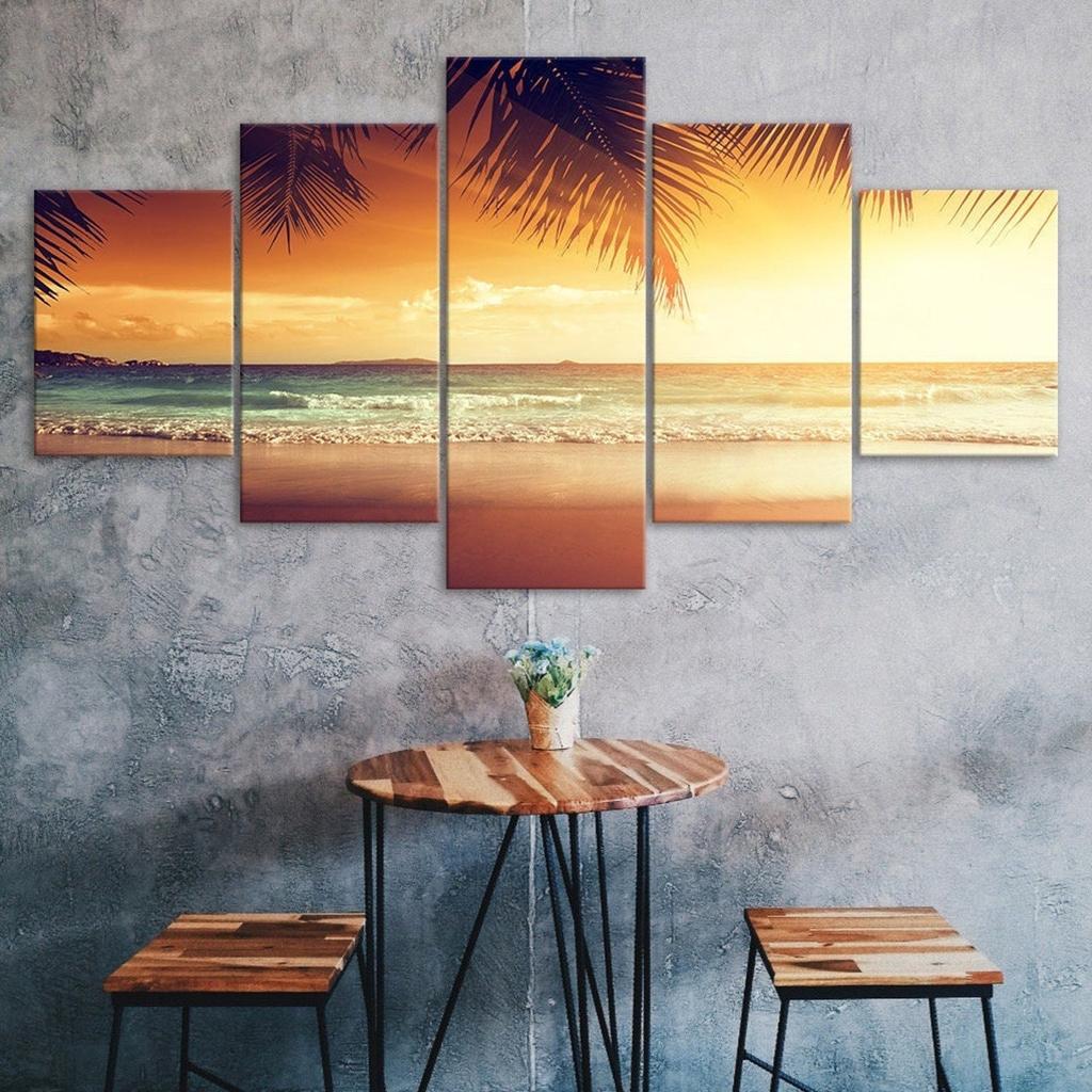 Tropical Beach Palm Tree Sunset Seascape 5 Piece Five Panel Wall Canvas Print Modern Art Poster Picture Home Decor Gift For Him For Her