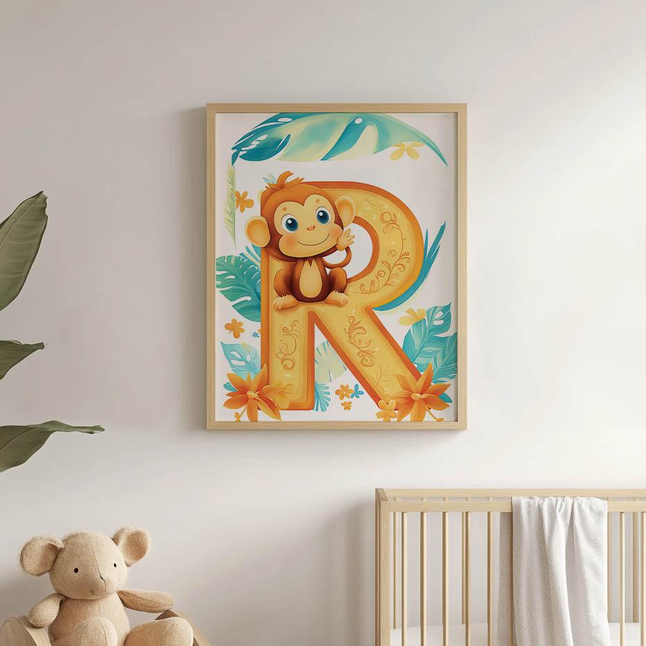 Plakat Małpka Na Literze "R Plakat Małpka Na Literze "R, 50X70 Cm, Rama Drewniana Ciemny Brąz, Papier Matowy 230 Gsm