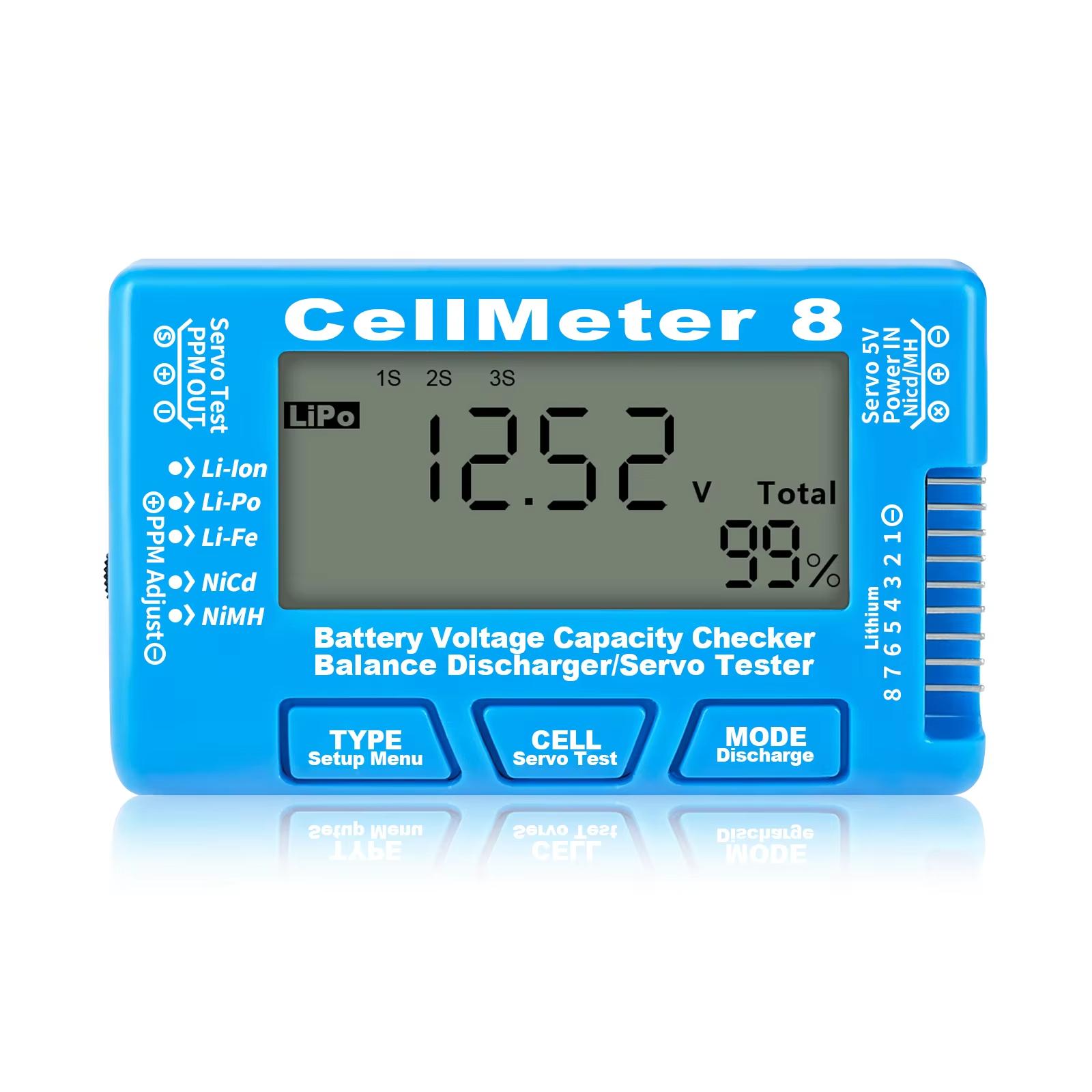 RC CellMeter 8 2-8S 4-8S LiPo Li-lon Battery Tester Battery Capacity Voltage Meter NiMH 8 in 1 Digital Battery Capacity Checker
