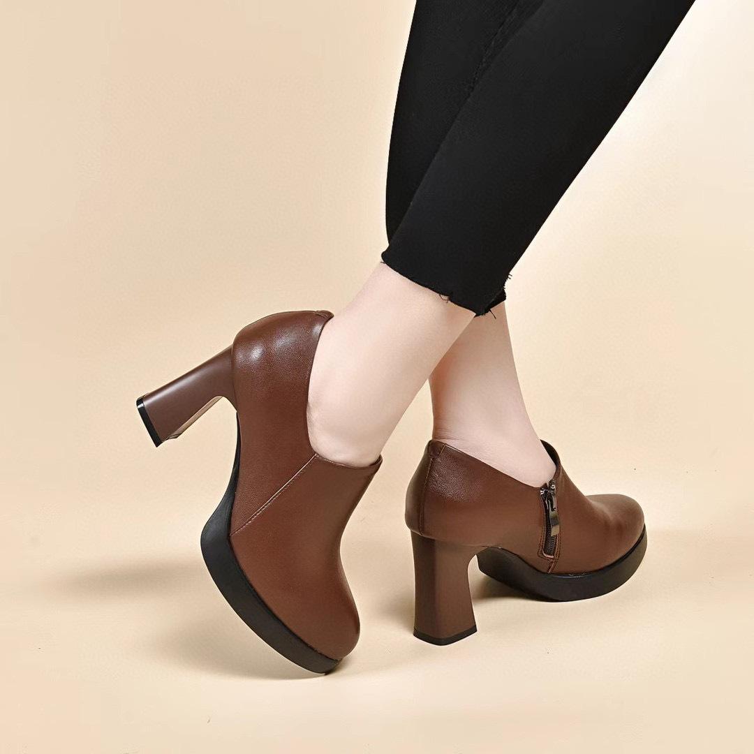 

Женские остроносые туфли на высоком каблуке, новинка осени, водонепроницаемая платформа, толстый каблук, модная обувь, одинарные туфли из коровьей кожи с глубоким вырезом, ботильоны 38 коричневый