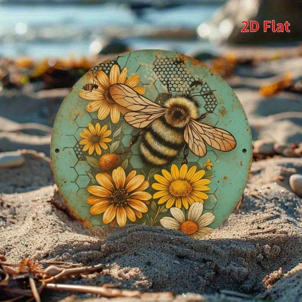 Rustic Bee Floral Round Metal Wall Art Vintage Green Distressed Honeycomb Decor