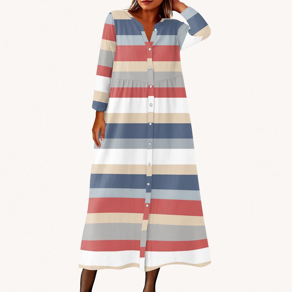 Damen Modisches Bedrucktes Rundhals Siebenviertelarm Knopf Lockeres Hemdkleid