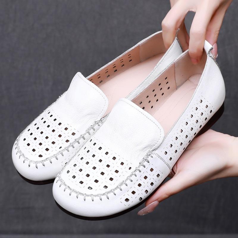 GKTINOO Summer Hollow Genuine Leather Shoes New Women Shoes Woman For Mom Women's Flats Comfortable Handmade Loafers
