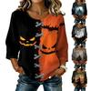Women Casual Halloween Printed Round Neck Three Quarter Sleeve Linen Blend Top Lightweight Comfortable Autumn Blouse