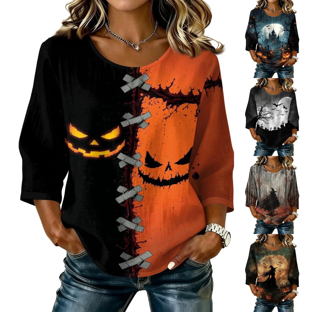 Women Casual Halloween Printed Round Neck Three Quarter Sleeve Linen Blend Top Lightweight Comfortable Autumn Blouse