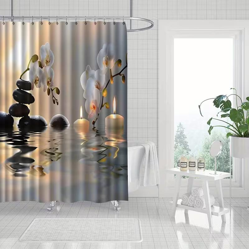 VIKAMA Zen Orchid Stone Pattern Shower Curtain Waterproof, Mould-Resistant, Light-Blocking Shower Curtain Bathroom Decor