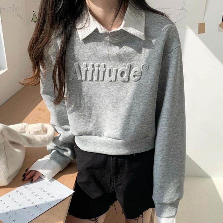 High Waist Women Sweatshirt Short Long Sleeve Solid Color Top