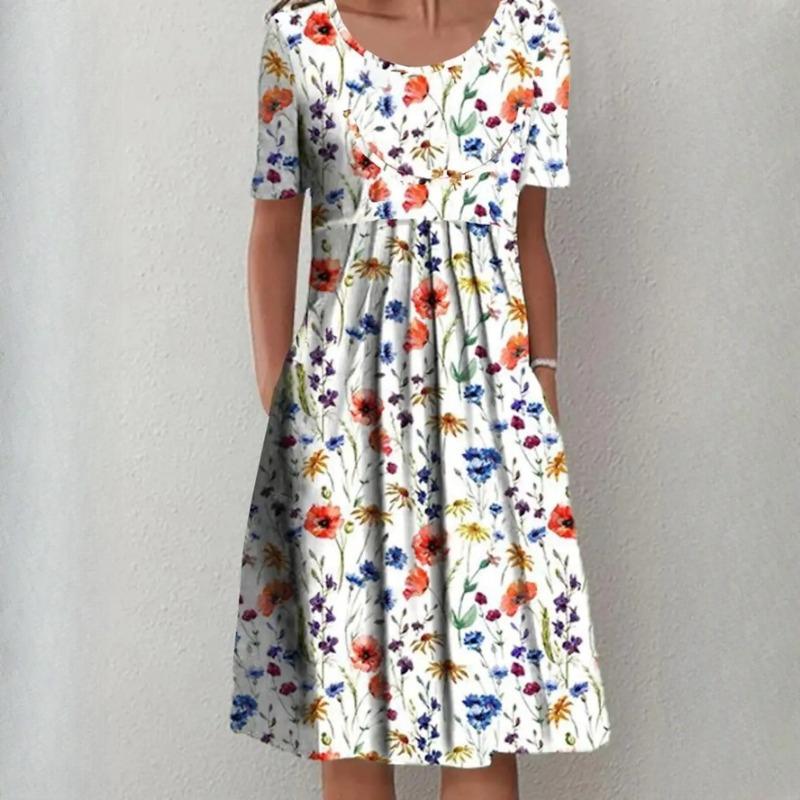 Dámská móda Léto Jaro Jednobarevný potisk Neformální šaty s krátkým rukávem do O-výstřihu a vysokým pasem