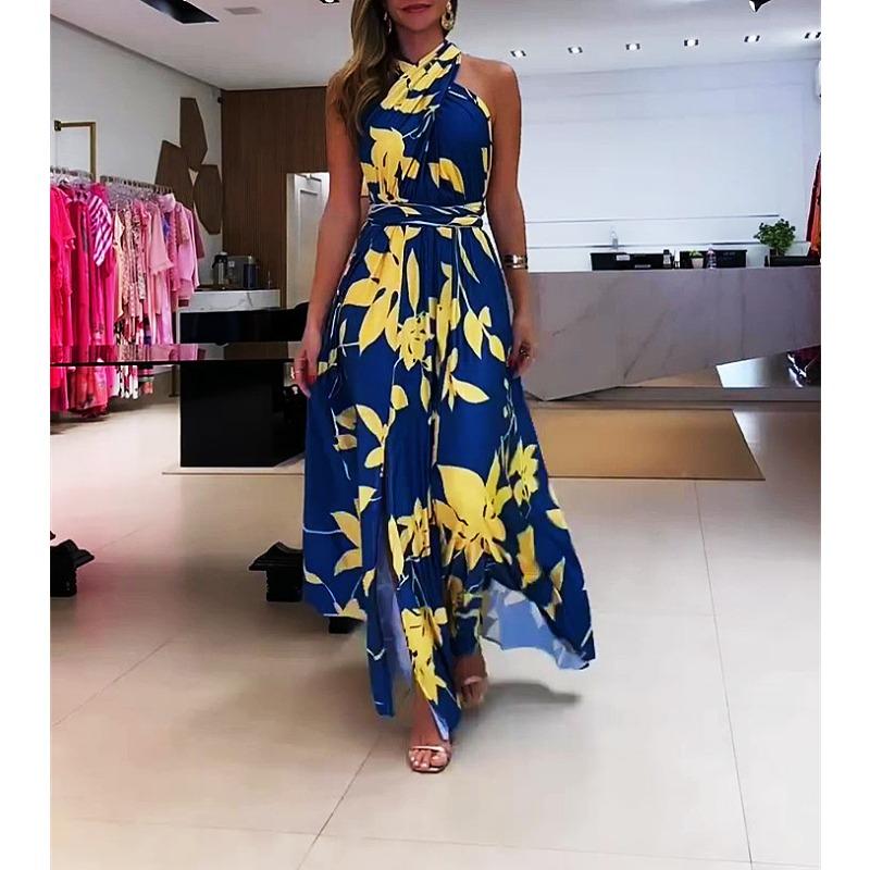 

Женские летние милые полосатые висячие платья средней длины с высокой талией и разрезом XL темно-синий