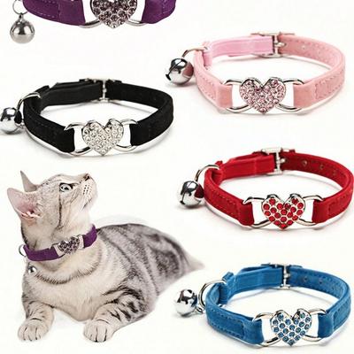 1pc Pet Collar with Rhinestone Heart & Bell Decoration, Cat Collar