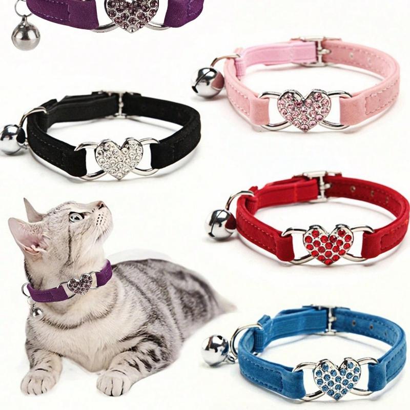 1pc Pet Collar with Rhinestone Heart & Bell Decoration, Cat Collar