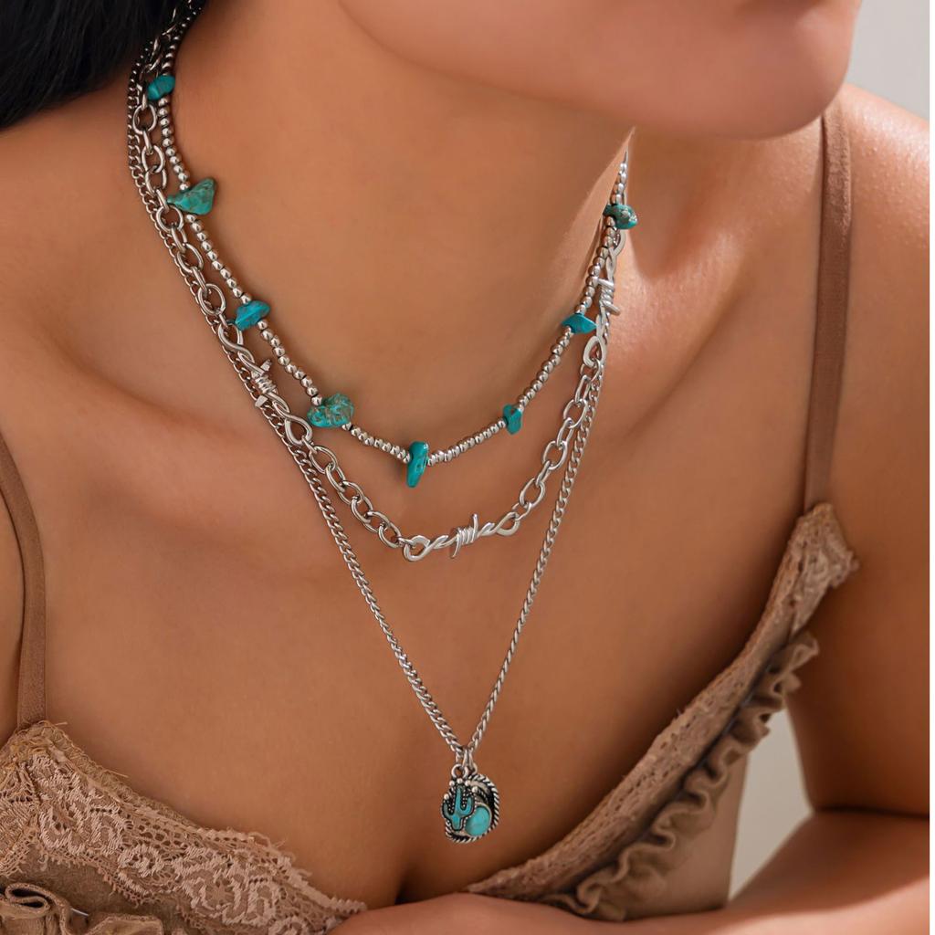 Pack of 3 Bohemian Turquoise Chokers Necklace Featuring Cactus Pendant Portable for Women Seek Western Styles Daily Use