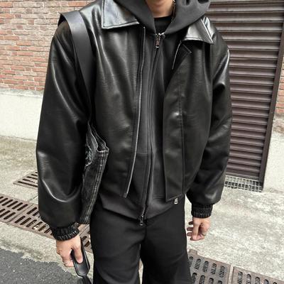 Amerikanische cleanfit trendige kurze Schulterpolsterjacke Herren Frühling und Herbst neu locker Retro Lederjacke Oberteil
