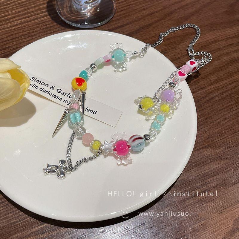 Sweet cool hot girl style purple love pendant necklace personality irregular alloy high-end colorful beaded necklace trend