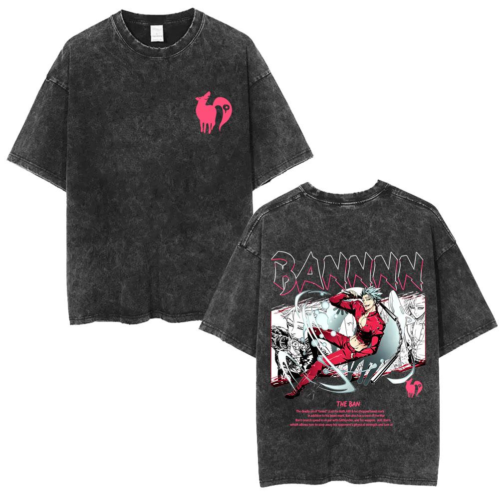 Washed Vintage Anime The Seven Deadly Sins Escanor Lion's Sin of Pride Graphic T-shirt Manga Retro Oversized T Shirts Unisex