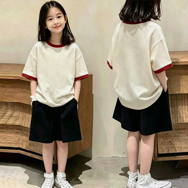 Girls' Stylish Cotton Patchwork Short-Sleeve T-shirt Set for Ages 6-15 - Summer Casual Two-Piece Set