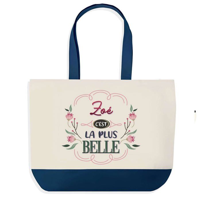 Sac cabas - PLANETEE - Zoé la plus belle - fond bleu - coton 40x45 cm - Fabriqué en France