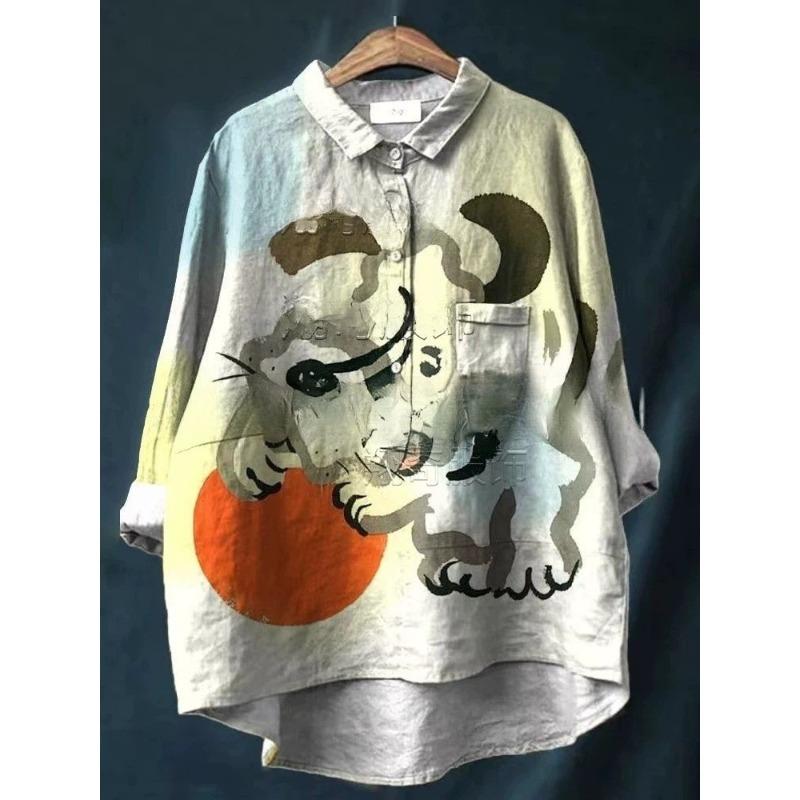 Summer Women's Loose Printed Round Neck Casual Plus Size Women's Long Sleeve T-shirt