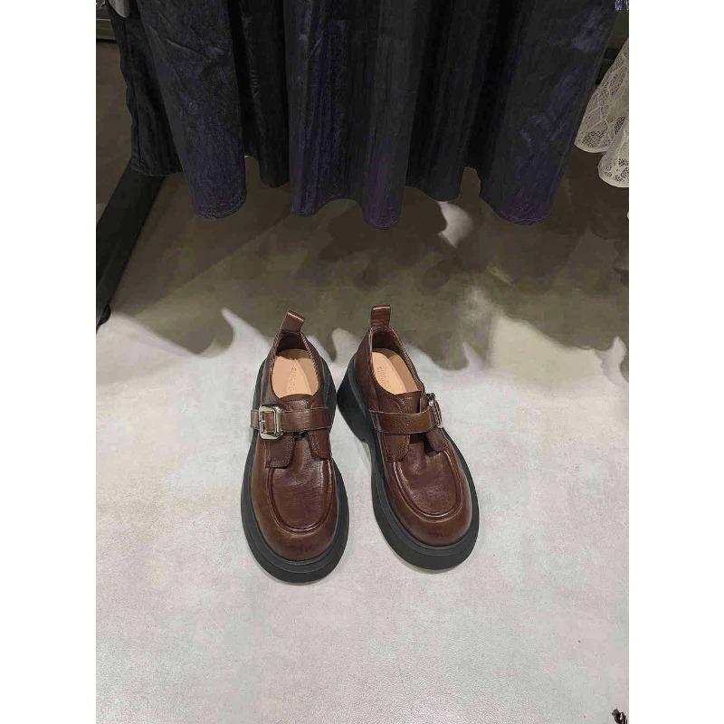 

~ Натуральная кожа ретро туфли на толстой подошве с одним ремешком женские осенне-зимние туфли на толстом каблуке 40 коричневый