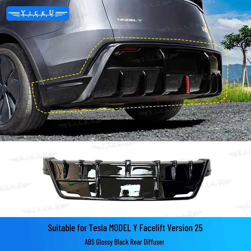 Gloss Black Front Lip & Side Skirts with Lights for 2025 Tesla Model Y Facelift, Includes Rear Lip, Front Splitter & Rear Diffuser.